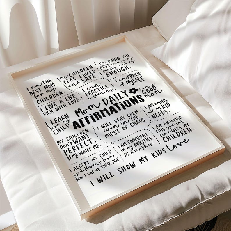 A printable daily affirmation wall art for moms, featuring encouraging and positive quotes in a stylish typography design.