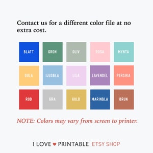 Pu&ograve; includere: Una cartella colori con 15 diversi campioni di colore. I campioni sono etichettati con parole svedesi per i colori. Il testo "Contact us for a different color file at no extra cost." &egrave; in cima alla cartella. Il testo "NOTE: Colors may vary from screen to printer." &egrave; in fondo alla cartella. Il testo "I LOVE PRINTABLE ETSY SHOP" &egrave; in fondo alla cartella.