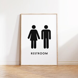 May include: Black and white restroom sign with the word "RESTROOM" printed below two stick figures, one with a skirt and one without.