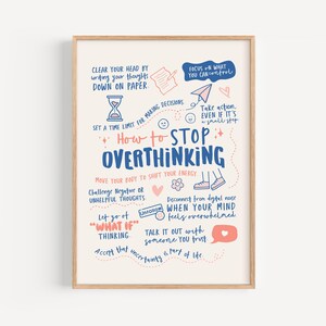 May include: A white printable poster with blue and pink illustrations and text. The poster is titled "How to Stop Overthinking" and includes tips for managing anxiety and overthinking. The tips include: clear your head by writing your thoughts down on paper, set a time limit for making decisions, focus on what you can control, take action even if it's a small step, move your body to shift your energy, challenge negative or unhelpful thoughts, let go of "what if" thinking, disconnect from digital noise when your mind feels overwhelmed, talk it out with someone you trust, and accept that uncertainty is part of life.