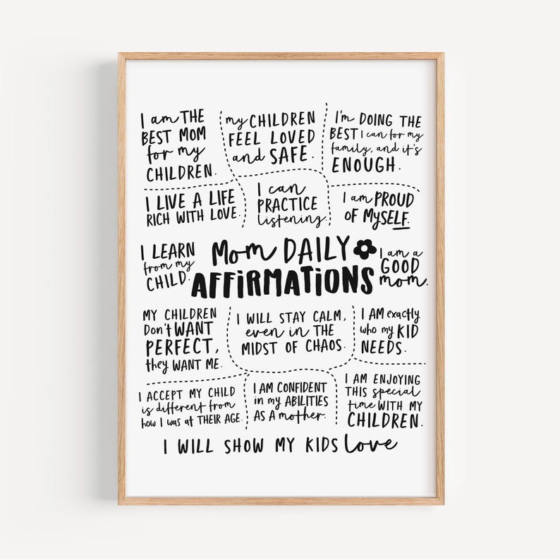 Printable wall art with new mom affirmations, positive motherhood quotes for nursery or home decor.