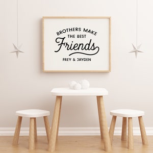 display of brothers make the best friends wall art on nursery room wall with tables and chair