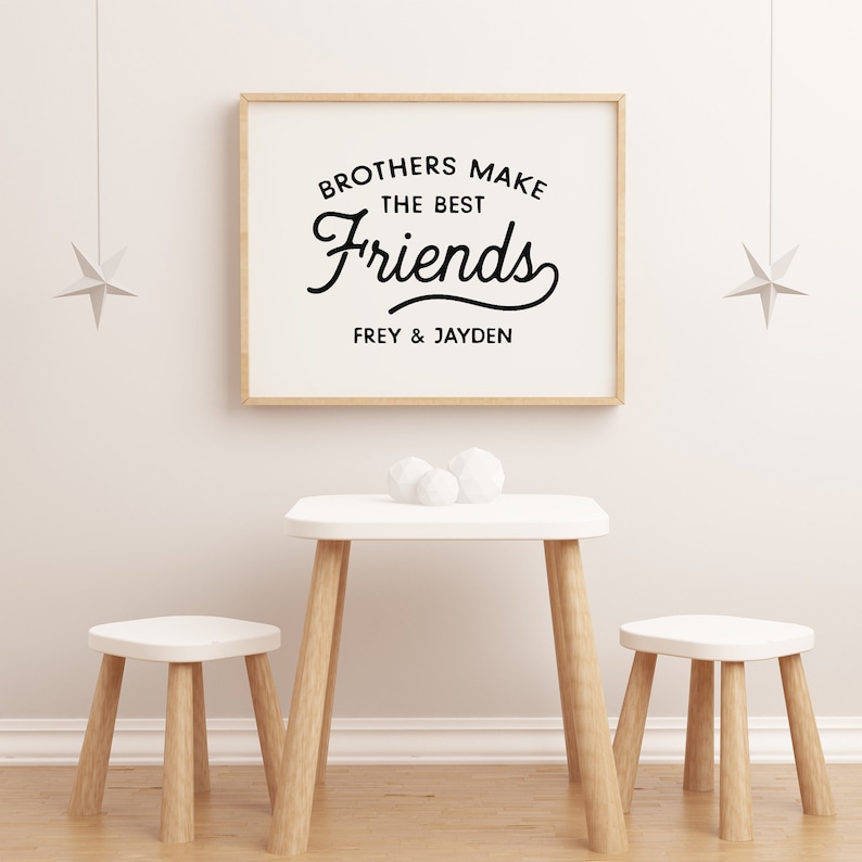 display of brothers make the best friends wall art on nursery room wall with tables and chair