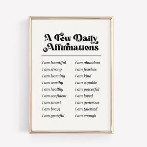 Printable daily affirmations poster for teen girls with self-confidence quotes and modern design