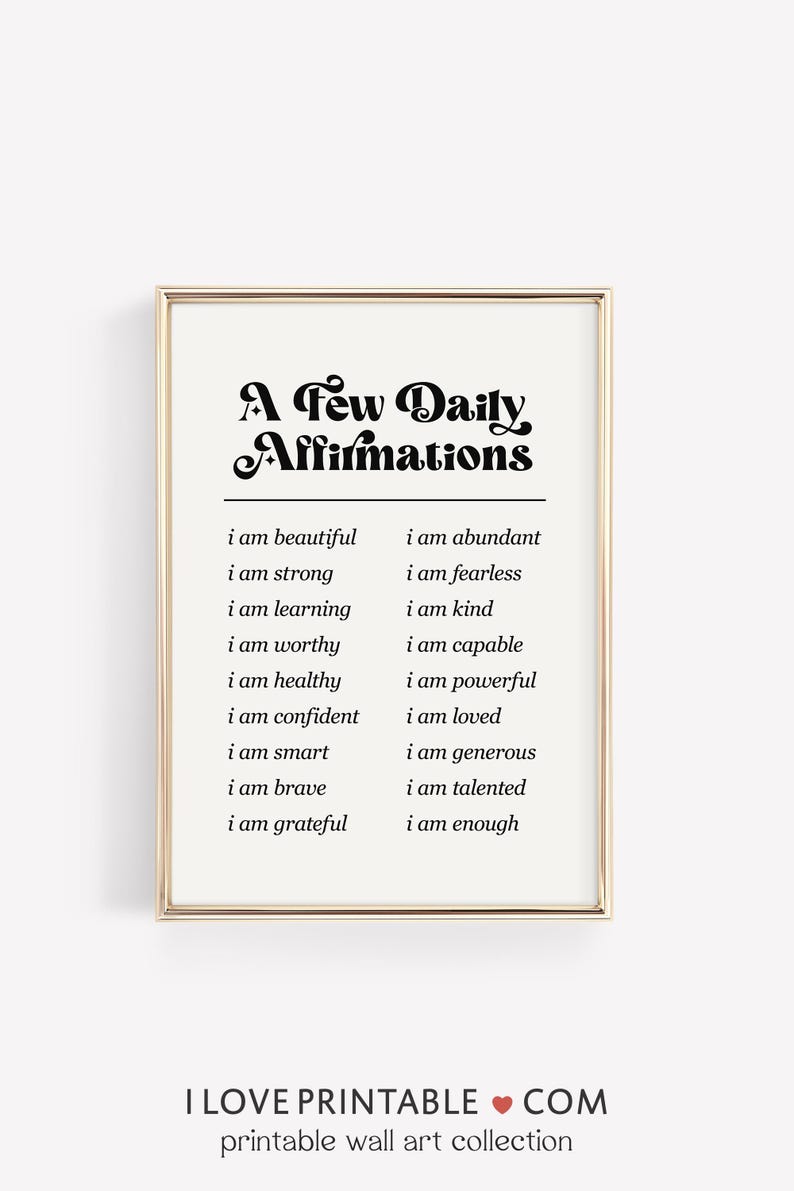 Printable daily affirmations poster for teen girls with self-confidence quotes and modern design