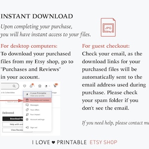 Pu&ograve; includere: Uno screenshot di uno schermo di un computer che mostra le istruzioni su come scaricare file digitali da un negozio Etsy. Le istruzioni sono sia per computer desktop che per il checkout come ospite. Il testo include la frase "Acquisti e recensioni".