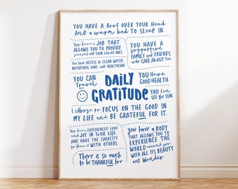 Retro Blue Gratitude Poster, Daily Gratitude Print, Printable Wall Art, Digital Download Quotes Wall Art, Blue Bedroom Decor, Iloveprintable