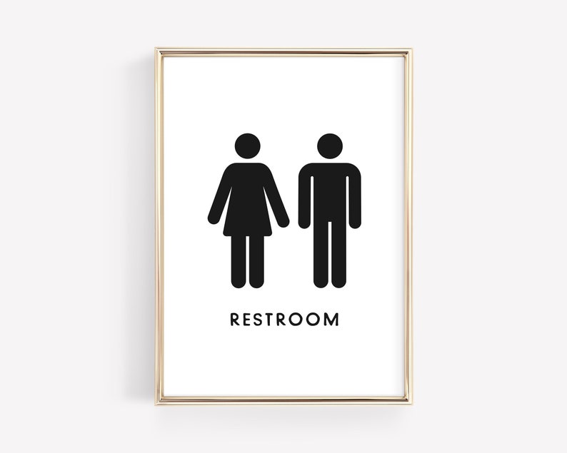 May include: Black and white restroom sign with the word "RESTROOM" printed below the gender symbols.