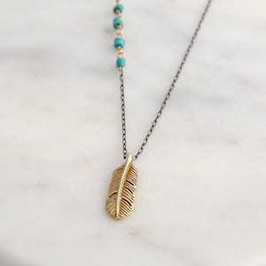 Little feather necklace | Gold feather layering necklace | gold feather on oxidized black chain