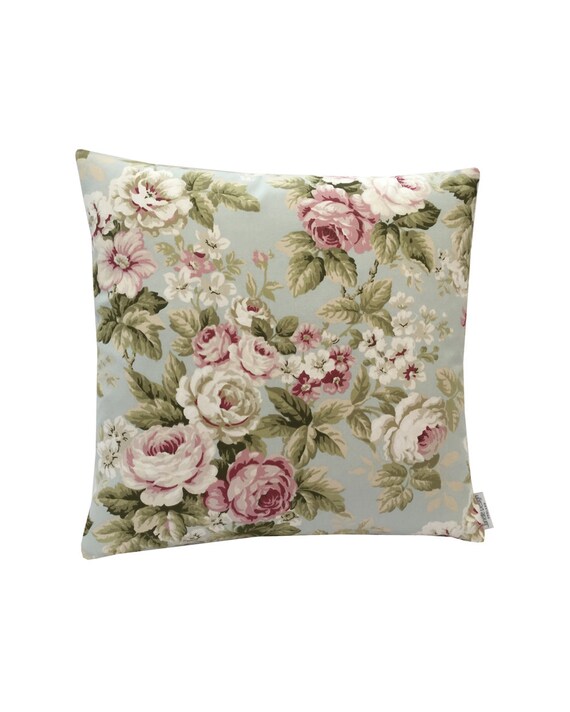 Stunning Floral Chintz Duck Egg Blue Pink Green Cream Cotton Fabric Retro Made In Britain Cushion Cover Pillow Case Home Bedroom Sofa