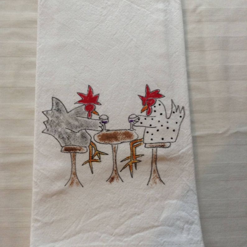 Hand Painted Tea Towel Hens Drinking Wine Etsy