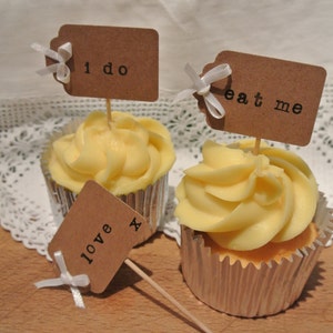 Wedding cupcake toppers 12 x personalised luggage tag rustic vintage wedding cupcake toppers, flags picks bows i do, love mr & mrs, eat me