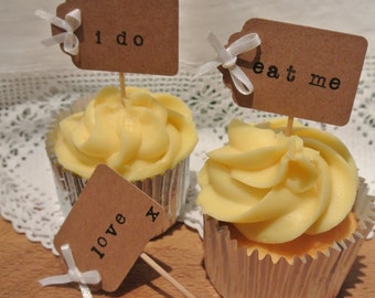 Wedding cupcake toppers 12 x personalised luggage tag rustic vintage wedding cupcake toppers, flags picks bows i do, love mr & mrs, eat me