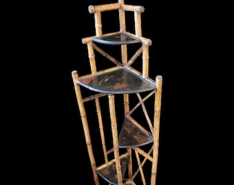 Antique Art Nouveau Bamboo Corner Etagere, Chinoiserie Shelf