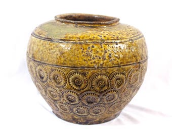 Antique 19th Century Thai Pottery Olive Green - Ochre Yellow Sunburst Floral Motif Vessel