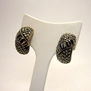 Chunky Dark Gray Art Deco Style Sterling Marcasite Sparkling Curved Stud Special Occasion or Gift Earrings image 2