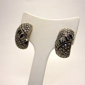 Chunky Dark Gray Art Deco Style Sterling Marcasite Sparkling Curved Stud Special Occasion or Gift Earrings image 1