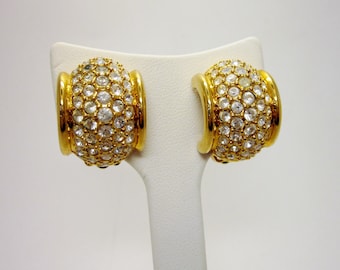 Vintage 1980s Gold Tone and Pave White Crystal Signed Swarovski Clip-on Half Hoop Earrings Glamorous Runway Jewelry