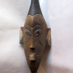 Vintage Brown Wood and Blue and Red Painted West African Ivory Coast Baule Portrait Mask Elongated Face, Long Beard and Geometric Headpiece image 1