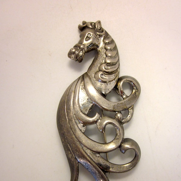 Rare Vintage Lang Sterling Silver Horse Head Swirling Carnival Style Circus Detail Animal Brooch Pin Collectible Midcentury Sterling
