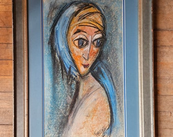 mid century chalk pastel original drawing of woman 1965 signed Ferrara