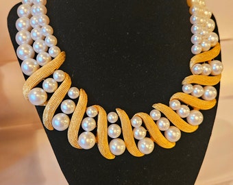 Vintage Napier Triple Strand Pearl and Gold collar Bib Necklace