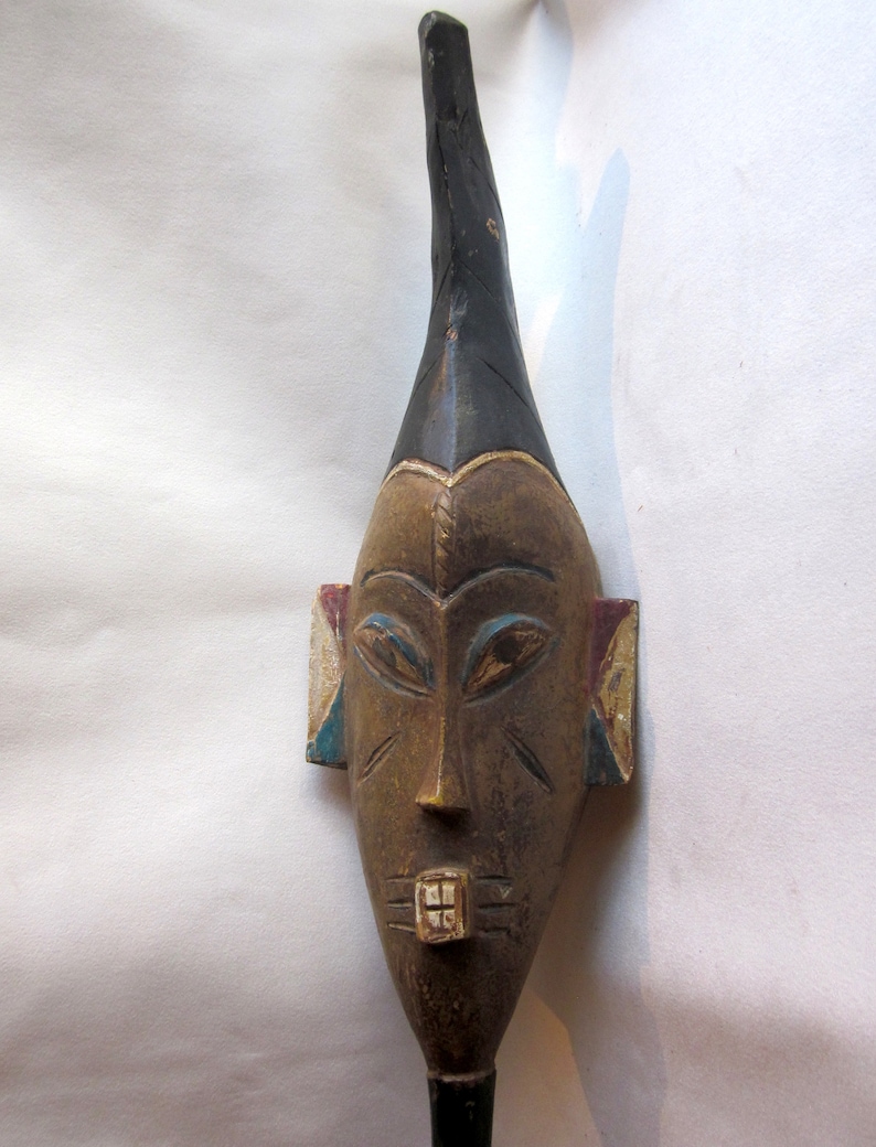 Vintage Brown Wood and Blue and Red Painted West African Ivory Coast Baule Portrait Mask Elongated Face, Long Beard and Geometric Headpiece image 1