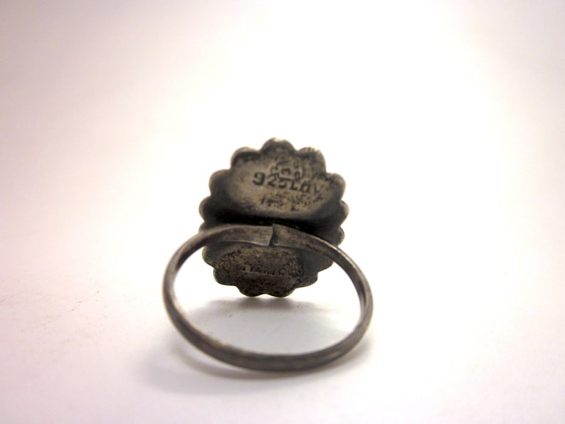 Vintage Mexican Sterling Silver and Iridescent Abalone Artisan Statement Ring with Delicate Details and Beautiful Patina