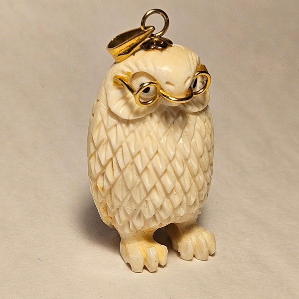 Vintage 14k gold carved bone owl pendant charm