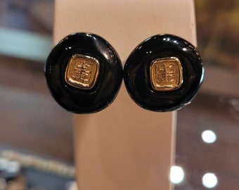 Vintage Givenchy Black and Gold Logo Earrings Pierced Designer Earrings Button