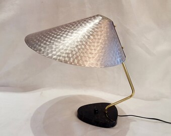 Vintage 1950s German Desk Lamp: UFO Space Age Brushed Aluminum, Marble Base
