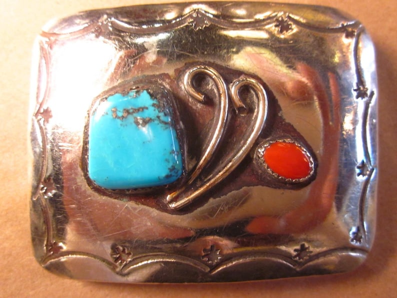 Vintage Navajo Sterling Silver Turquoise Coral Belt Buckle Sterling Belt Buckle Turquoise Belt Buckle Gift For Him Navajo Belt Buckle