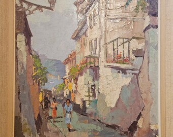 Vintage Giovanni Camprio Painting European Mediterranean Street Scene Ocean Scene