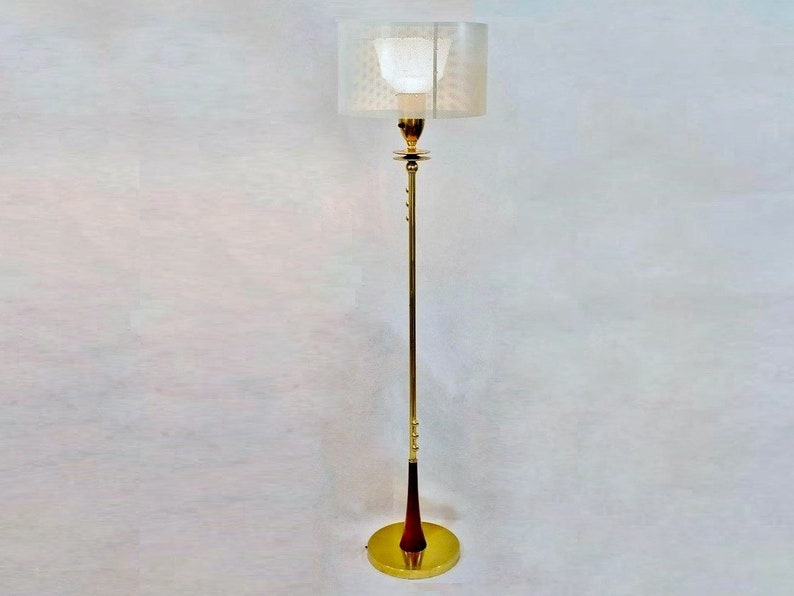 Mid Century Modern Brass Floor Lamp With Cream Perforated Shade