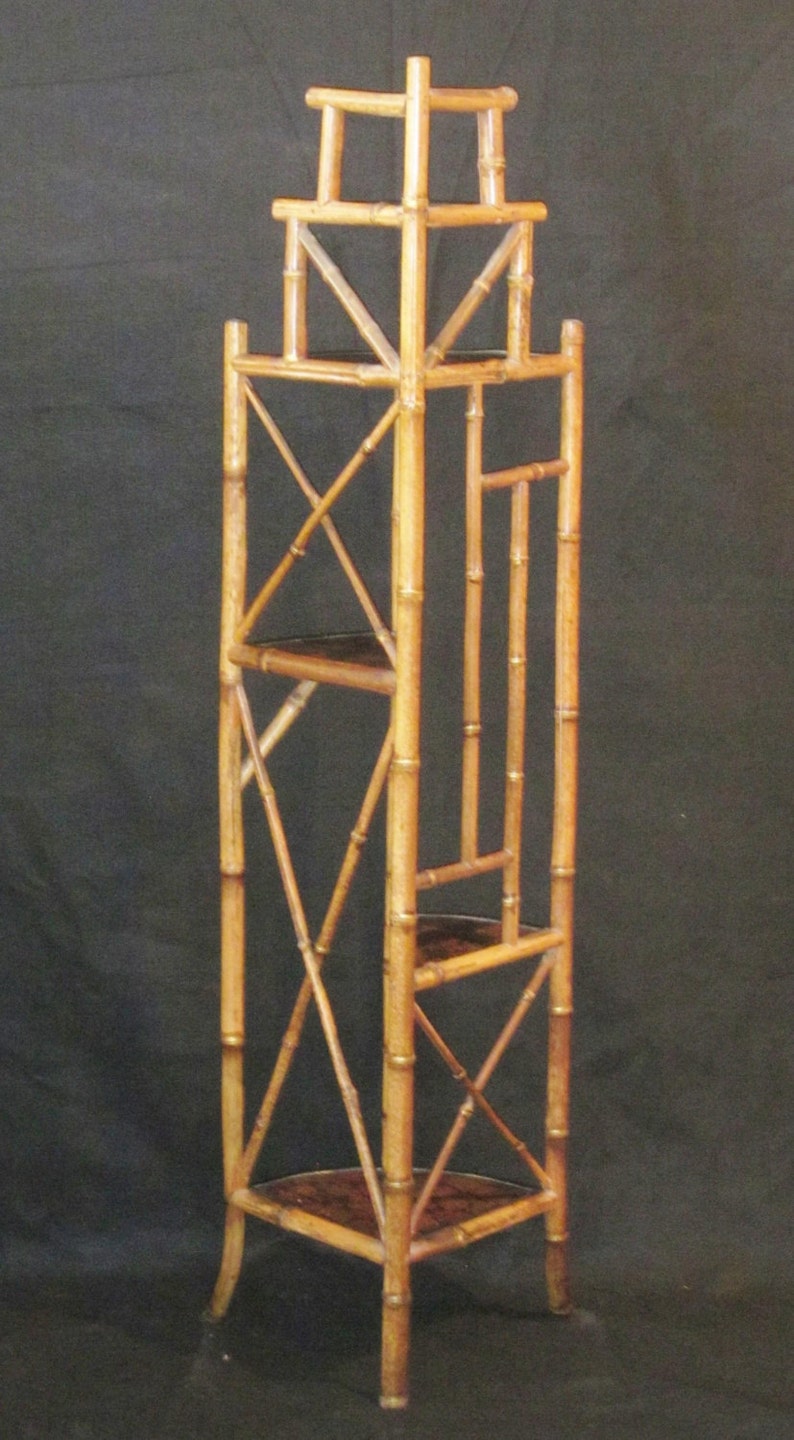 Antique 19th C. Art Nouveau Bamboo Chinoiserie Corner Etagere, Art Nouveau Shelf, Art Nouveau Bamboo Shelf, Bamboo Bookshelf, Asian Shelf image 4