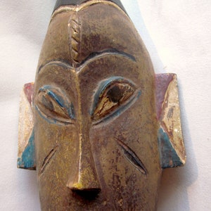 Vintage Brown Wood and Blue and Red Painted West African Ivory Coast Baule Portrait Mask Elongated Face, Long Beard and Geometric Headpiece image 5