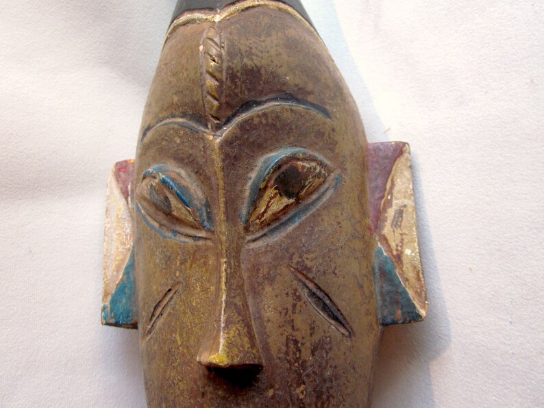 Vintage Brown Wood and Blue and Red Painted West African Ivory Coast Baule Portrait Mask Elongated Face, Long Beard and Geometric Headpiece image 5