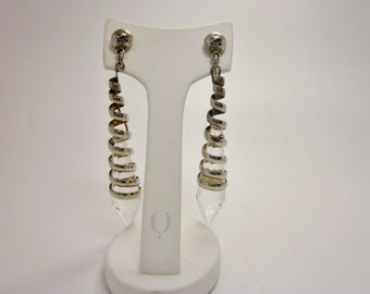 Unique Artful Faceted Crystal Drop Pierced Earrings with Silver Tone Spiral
