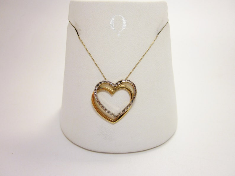 Vintage Michael Anthony 14K Yellow and White Gold Interlocking Open Heart Charms with Etched Glittering Detail on Necklace Chain image 1