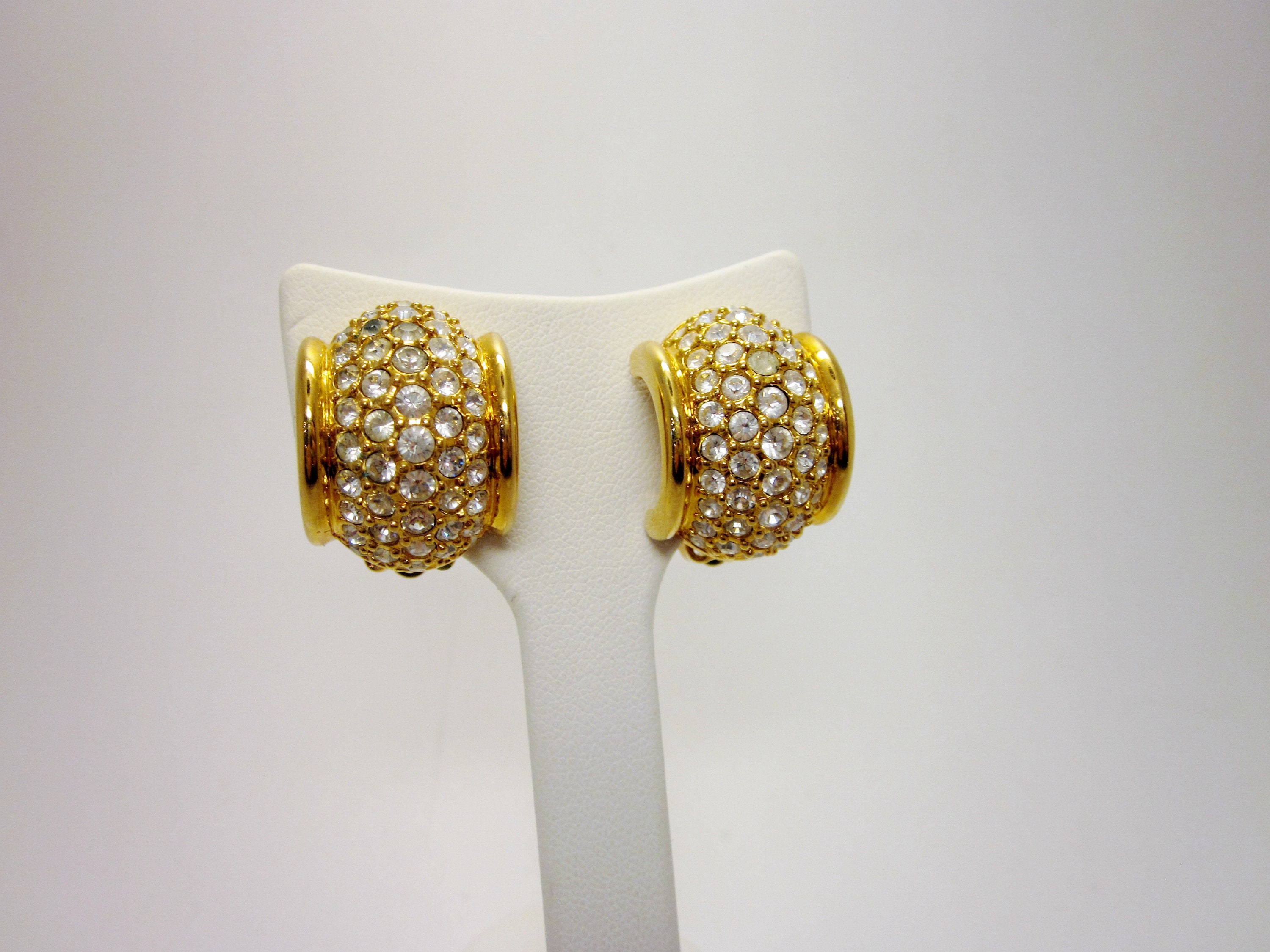 Vintage Swarovski Crystal Clip On Earrings, 1980s Gold Tone Half Hoop