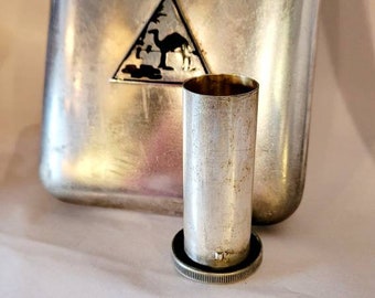 Art Deco period flask with shot glass built in. Egyptian Revival theme with Camel