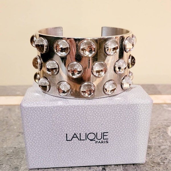 Vintage Lalique Sterling and Crystal Mossi Cuff Glam Rock Cuff Bracelet