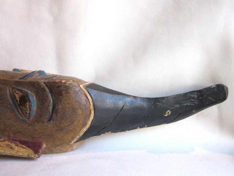 Vintage Brown Wood and Blue and Red Painted West African Ivory Coast Baule Portrait Mask Elongated Face, Long Beard and Geometric Headpiece image 4