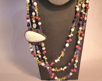 Sajen Goddess Cameo triple strand Necklace, garnet, amethyst, pearls, peridot