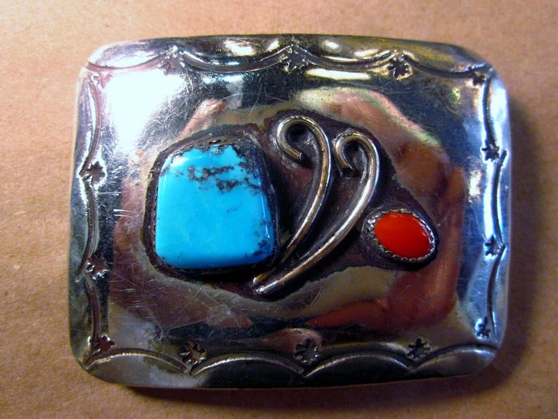 Vintage Navajo Sterling Silver Turquoise Coral Belt Buckle Sterling Belt Buckle Turquoise Belt Buckle Gift For Him Navajo Belt Buckle