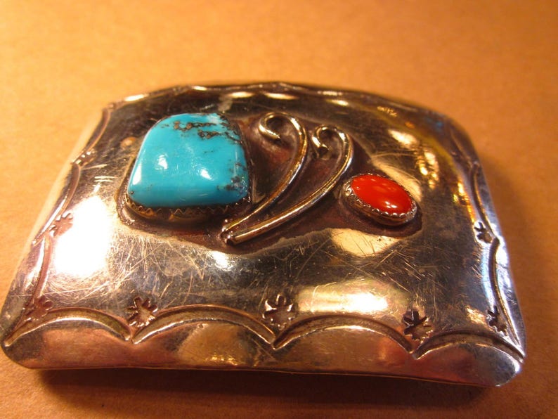 Vintage Navajo Sterling Silver Turquoise Coral Belt Buckle Sterling Belt Buckle Turquoise Belt Buckle Gift For Him Navajo Belt Buckle