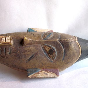 Vintage Brown Wood and Blue and Red Painted West African Ivory Coast Baule Portrait Mask Elongated Face, Long Beard and Geometric Headpiece image 3