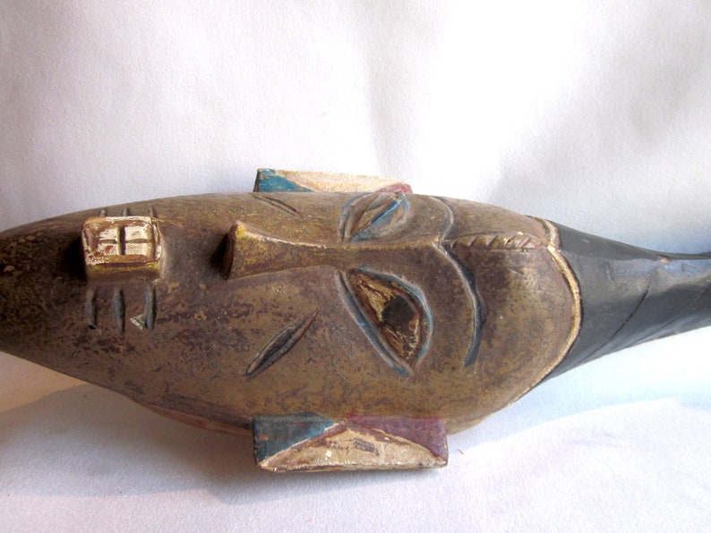 Vintage Brown Wood and Blue and Red Painted West African Ivory Coast Baule Portrait Mask Elongated Face, Long Beard and Geometric Headpiece image 3