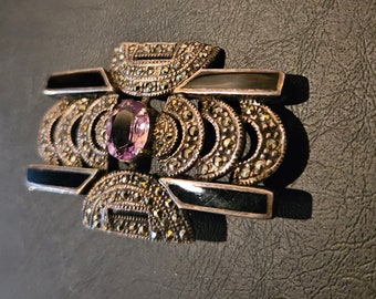 Art Deco style sterling onyx marcasite amethyst brooch