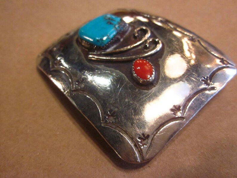 Vintage Navajo Sterling Silver Turquoise Coral Belt Buckle Sterling Belt Buckle Turquoise Belt Buckle Gift For Him Navajo Belt Buckle